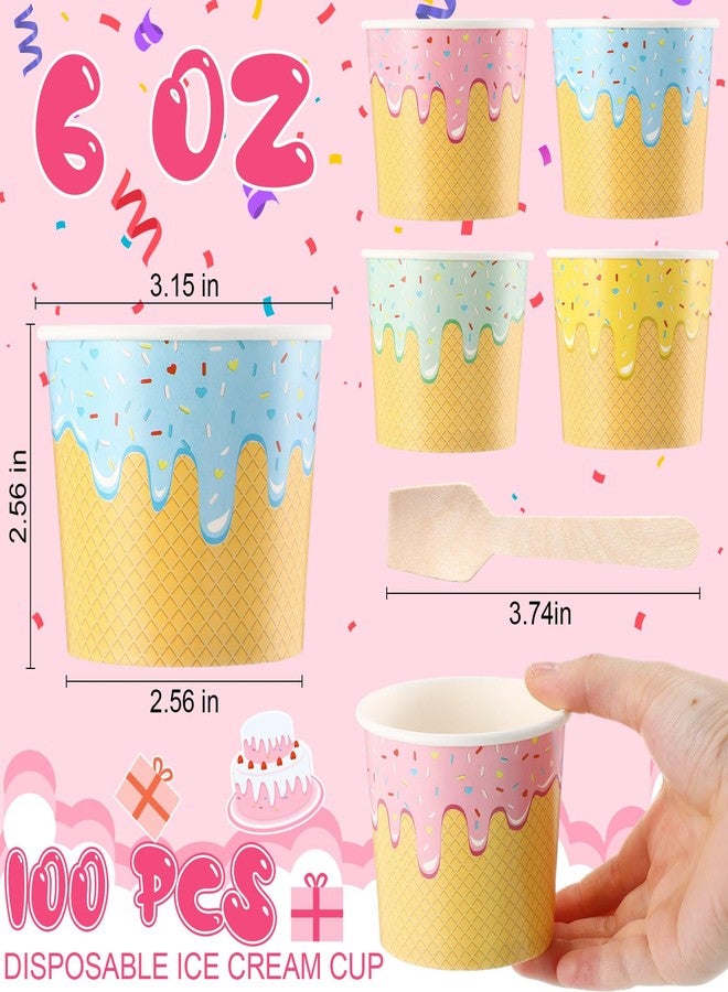 Ninehaoou 100 Pack Paper Ice Cream Cups with Spoons Paper Dessert Cups Colorful Sundae Bowls Disposable Ice Cream Containers for Hot Soup Summer Graduation Bar Party Supplies (6 oz) - Image 2